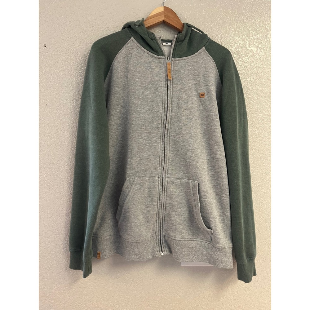 Tentree Mens Full Zip Hoodie Gray Green Raglan Organic Cotton Sweatshirt L